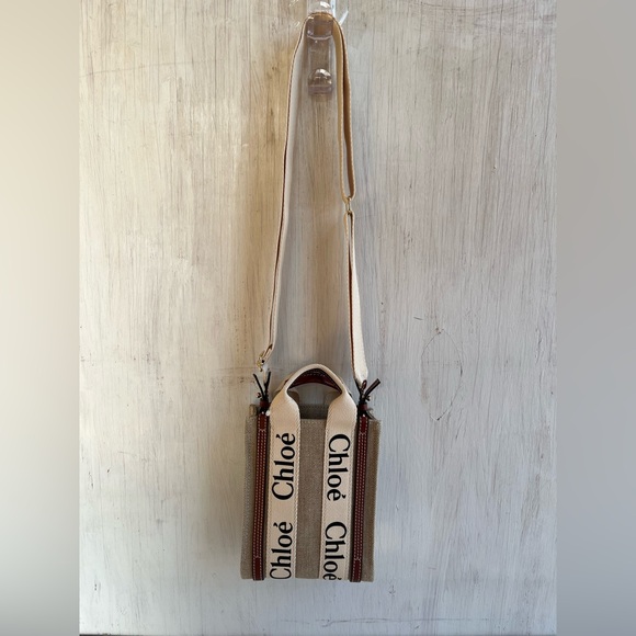 Chloé Mini Woody Linen Canvas North/South Tote- White-Brown - Picture 5 of 15